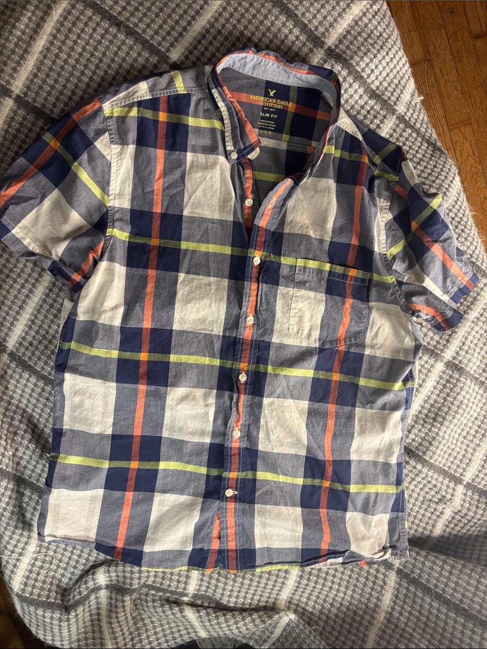 American Eagle Outfitters Navy, White & Orange Plaid Short Sleeve Button-Down
